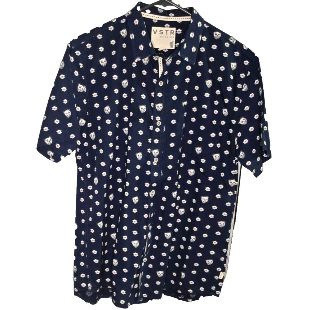 VSTR Premium Men's Button Down Short Sleeve Navy Blue Sz Large Panda Work Casual
